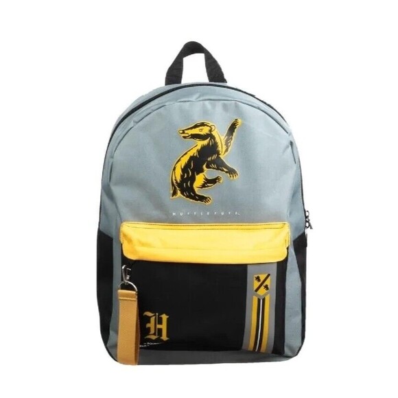 Harry Potter Backpack Gray Yellow Hufflepuff Badger Hogwarts House Carrying Bag